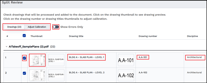 The Split Review page with multiple configuration options