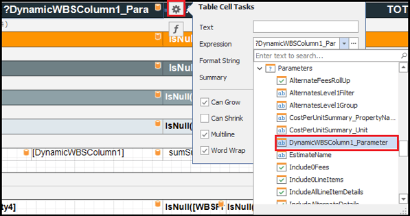 Click the DynamicsWBSColumn1_Parameter