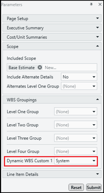 The new WBS grouping in the Parameters section