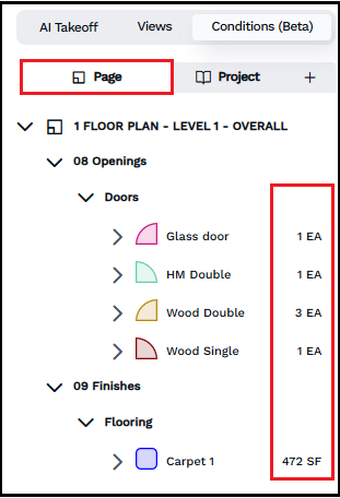 Takeoff quantified on the Page tab
