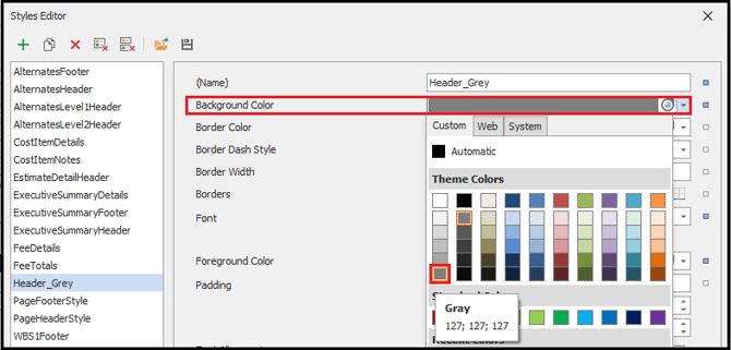 Choose the gray background color for a new style