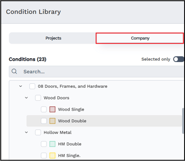 Click the Company tab to view the list of default conditions