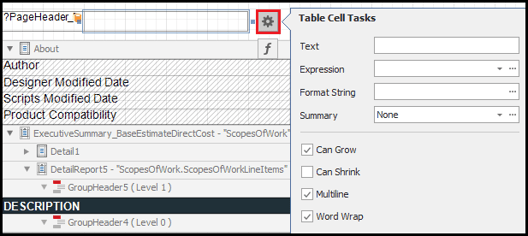 Displaying the Table Cell properties