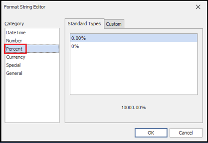 Setting the cell properties for percent fees
