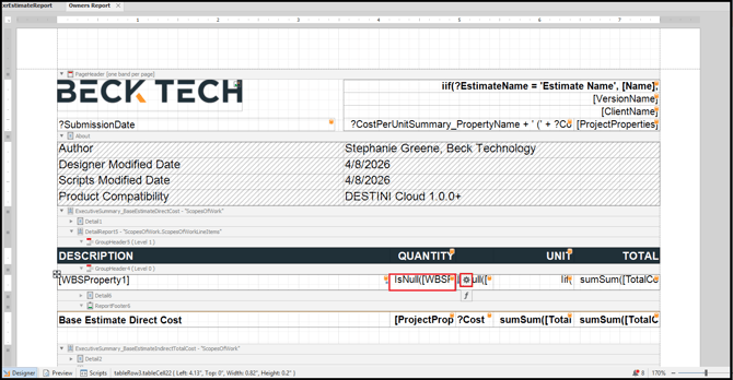 Click a cell in the Report Designer to display a settings gear icon.