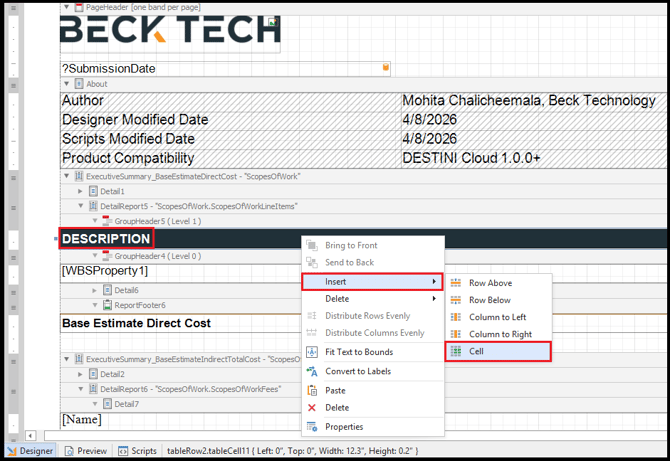Inserting a new cell to the right of the Description cell in Report Designer.