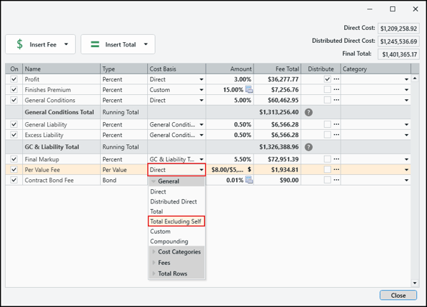 Select the Total Excluding Self cost basis