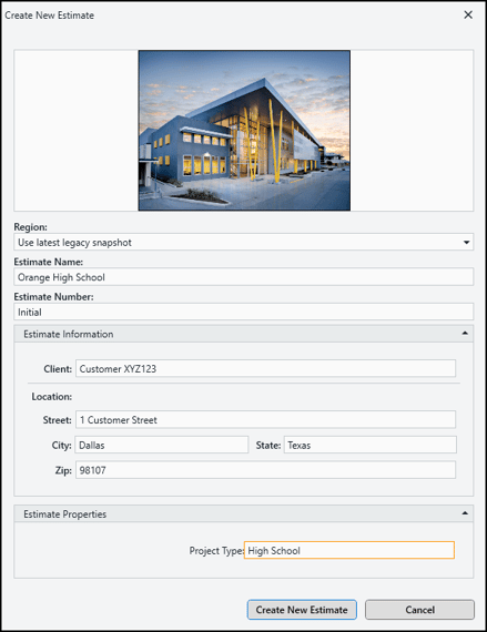 The New Estimate dialog box