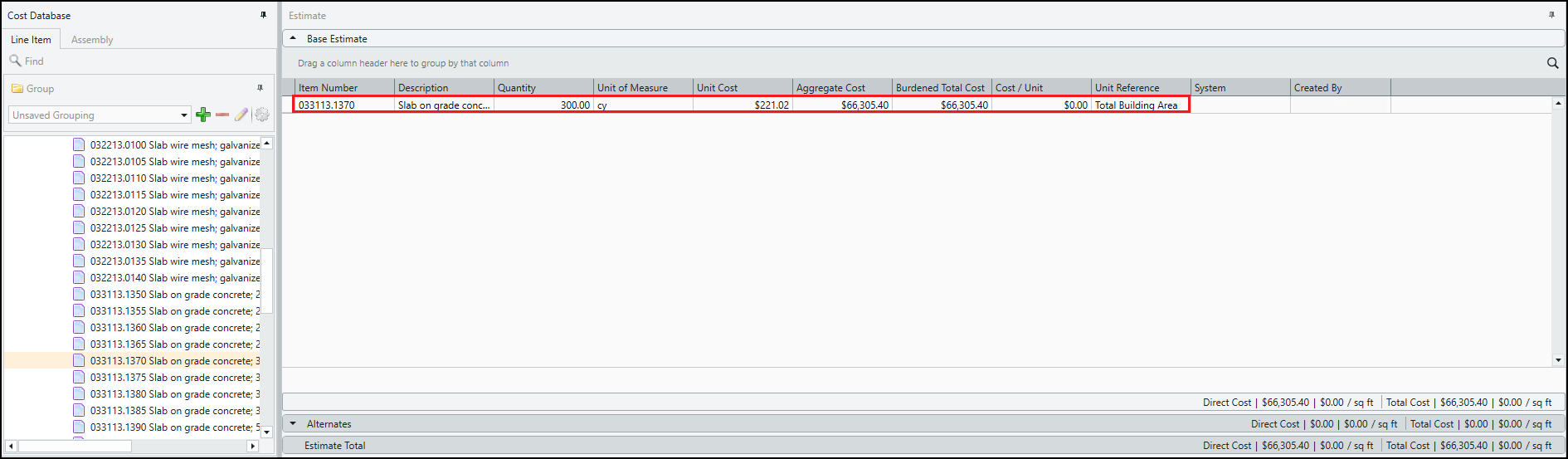 A line item added to the Estimate grid