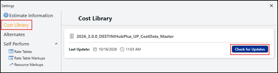 The Cost Library page in Settings