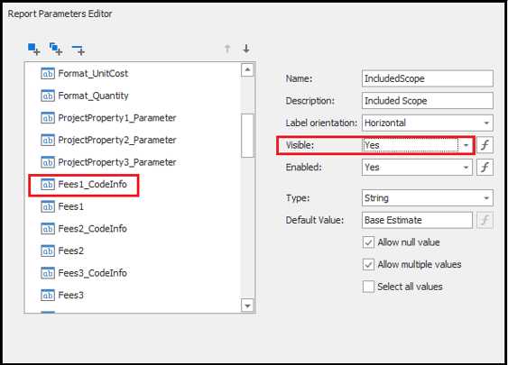 Set Visible to Yes for Fees1_CodeInfo