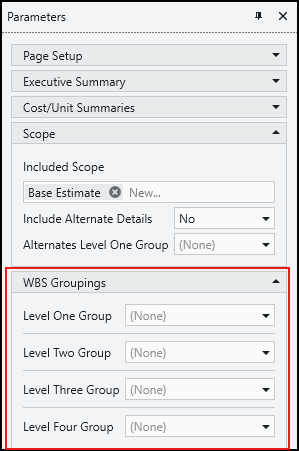 The WBS Groupings section of the Parameter pane